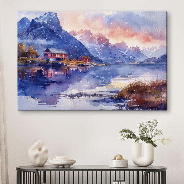 Aquarel schilderij van een huis op een heuvel naast een meer Aquarel schilderij van een huis op een heuvel naast een meer
