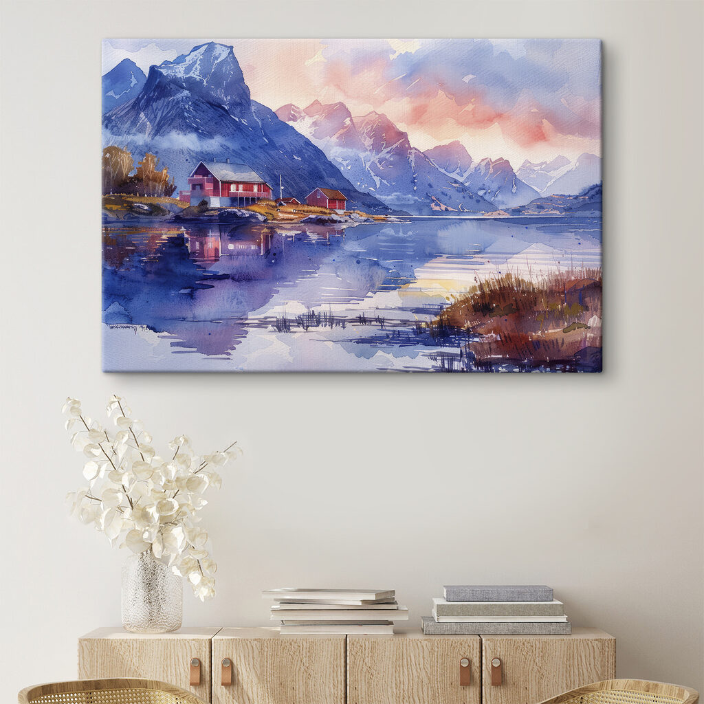Watercolor painting of a house on a hill next to a lake