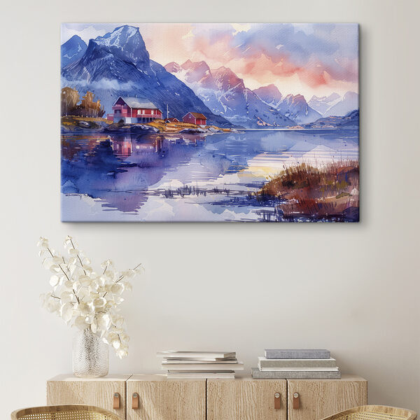 Aquarel schilderij van een huis op een heuvel naast een meer Aquarel schilderij van een huis op een heuvel naast een meer