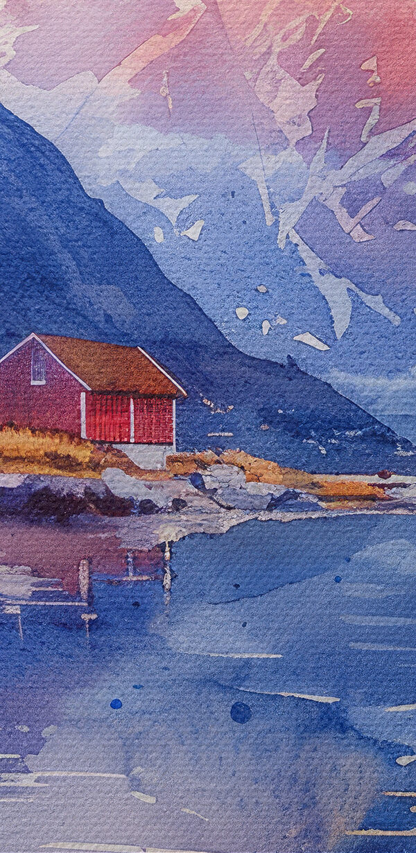 Aquarel schilderij van een huis op een heuvel naast een meer Aquarel schilderij van een huis op een heuvel naast een meer