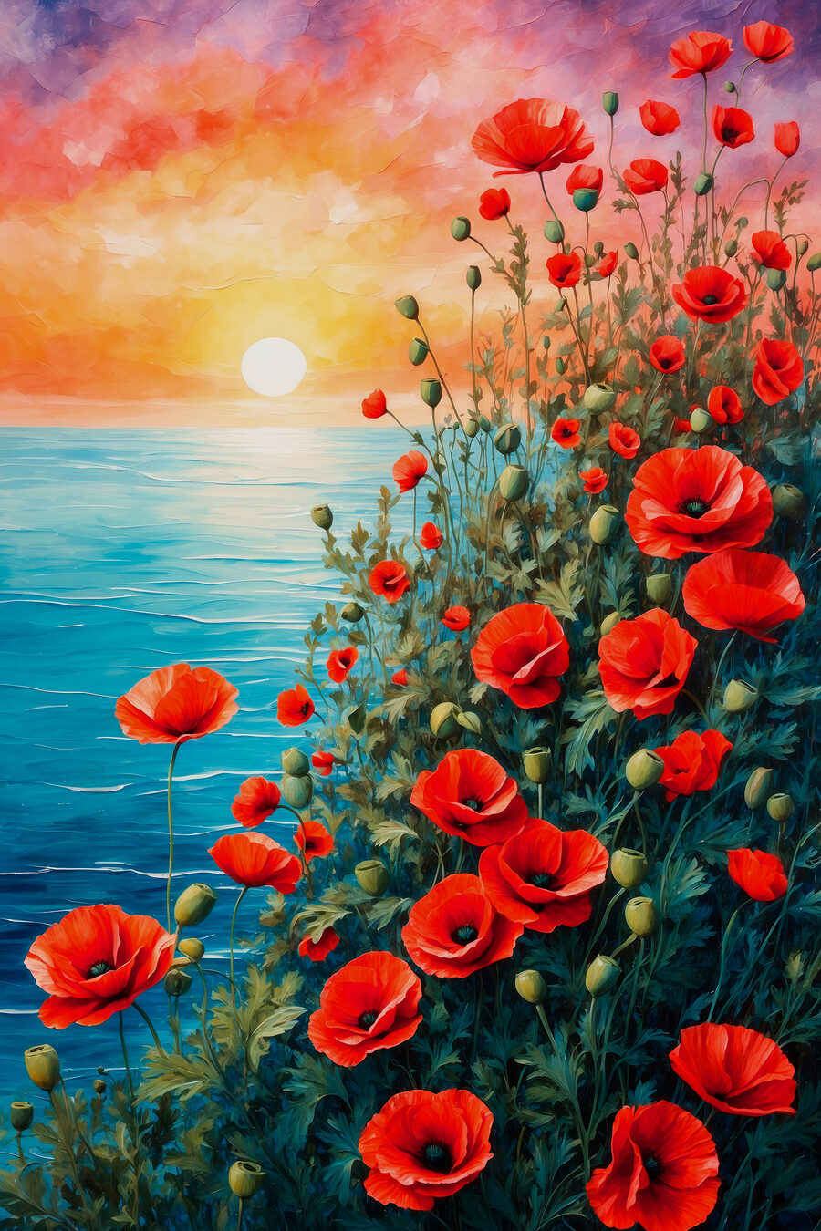 Schilderij van rode bloemen en water