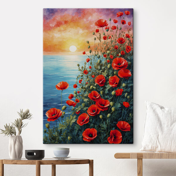 Schilderij van rode bloemen en water Schilderij van rode bloemen en water