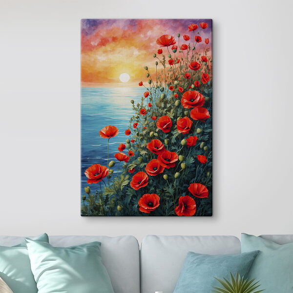 Schilderij van rode bloemen en water Schilderij van rode bloemen en water