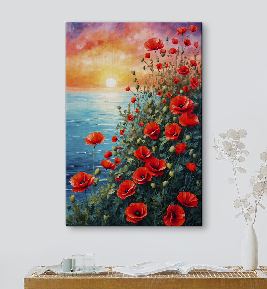 Schilderij van rode bloemen en water