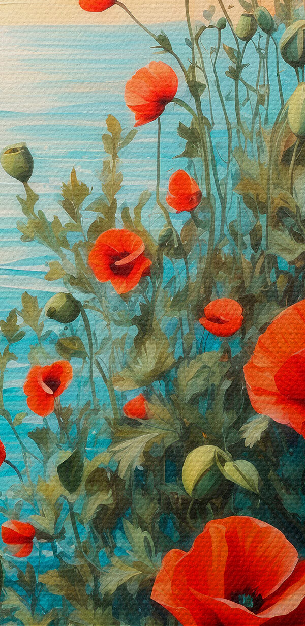 Schilderij van rode bloemen en water Schilderij van rode bloemen en water