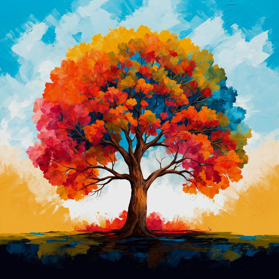Schilderij van een boom met kleurrijke bladeren Schilderij van een boom met kleurrijke bladeren