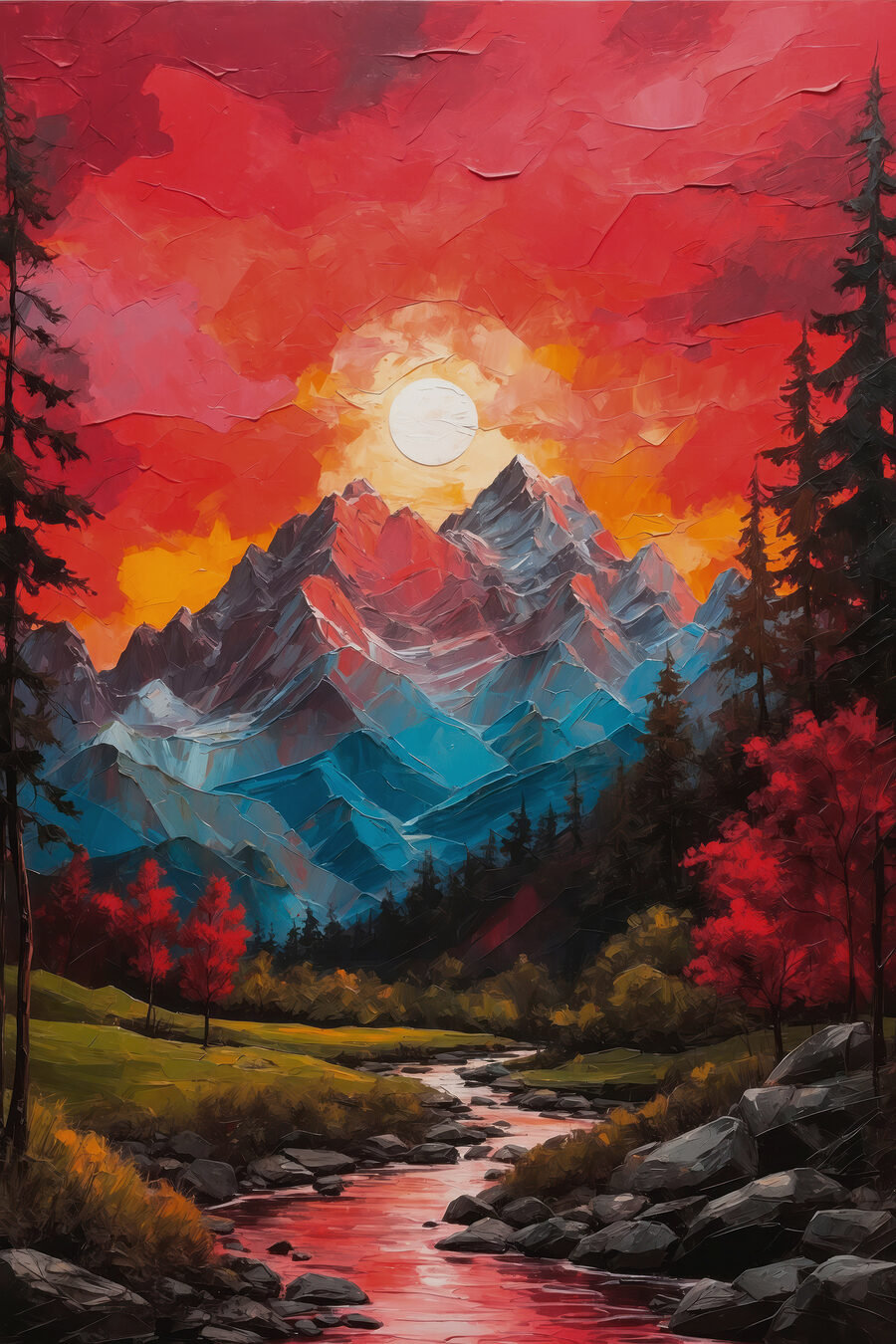 Schilderij van een bergketen met bomen en een rivier Schilderij van een bergketen met bomen en een rivier