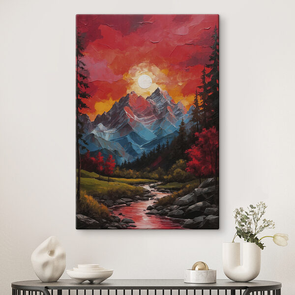 Schilderij van een bergketen met bomen en een rivier Schilderij van een bergketen met bomen en een rivier