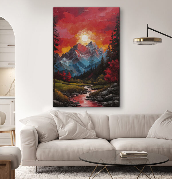 Schilderij van een bergketen met bomen en een rivier Schilderij van een bergketen met bomen en een rivier