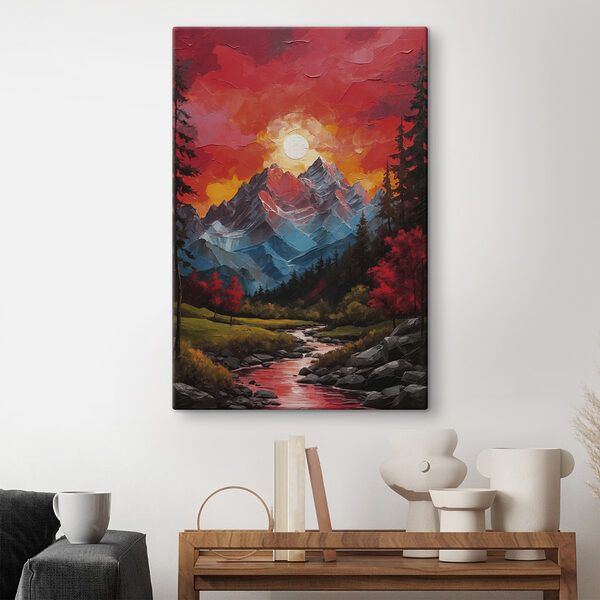 Schilderij van een bergketen met bomen en een rivier Schilderij van een bergketen met bomen en een rivier