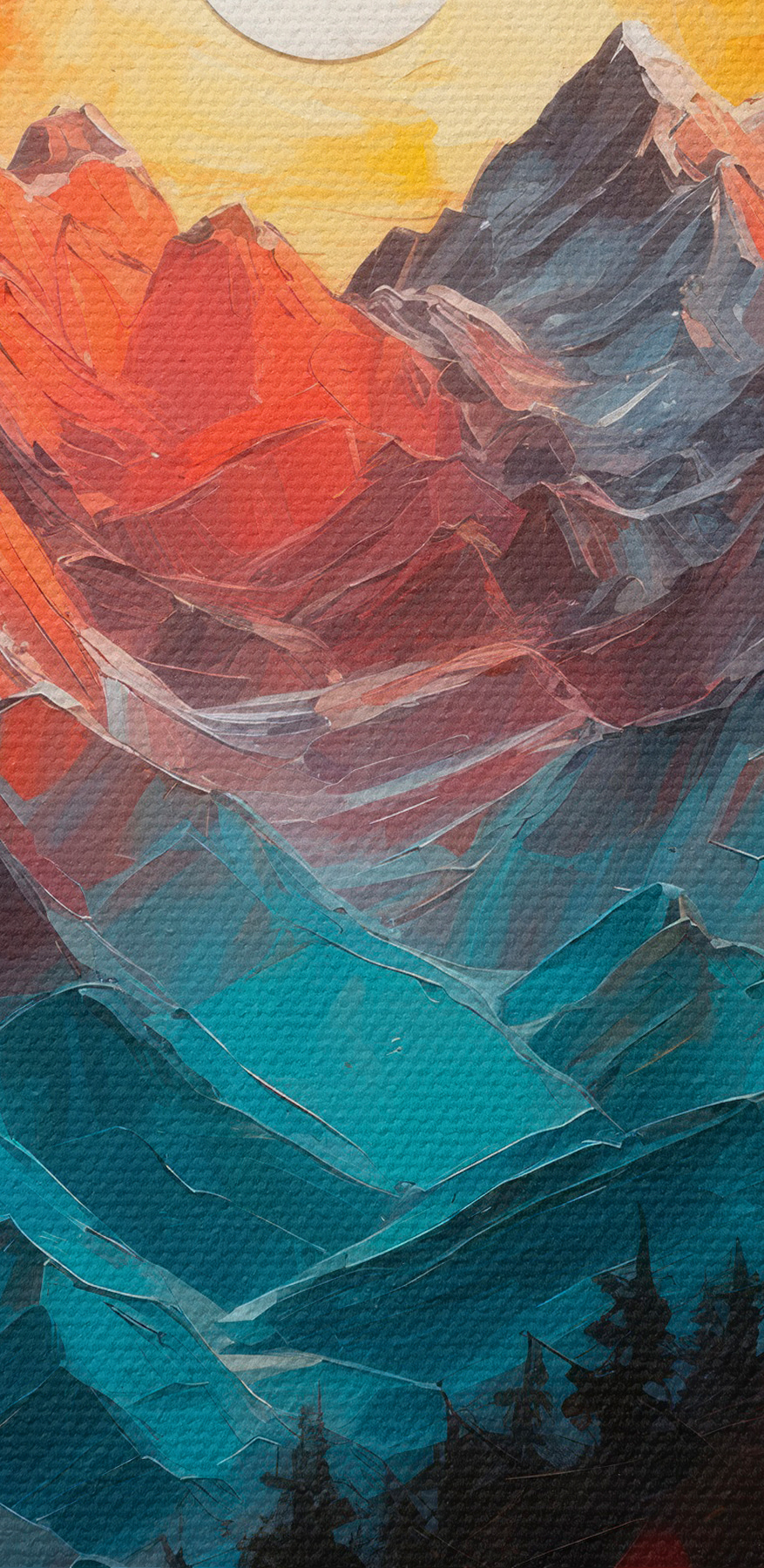 Schilderij van een bergketen met bomen en een rivier Schilderij van een bergketen met bomen en een rivier