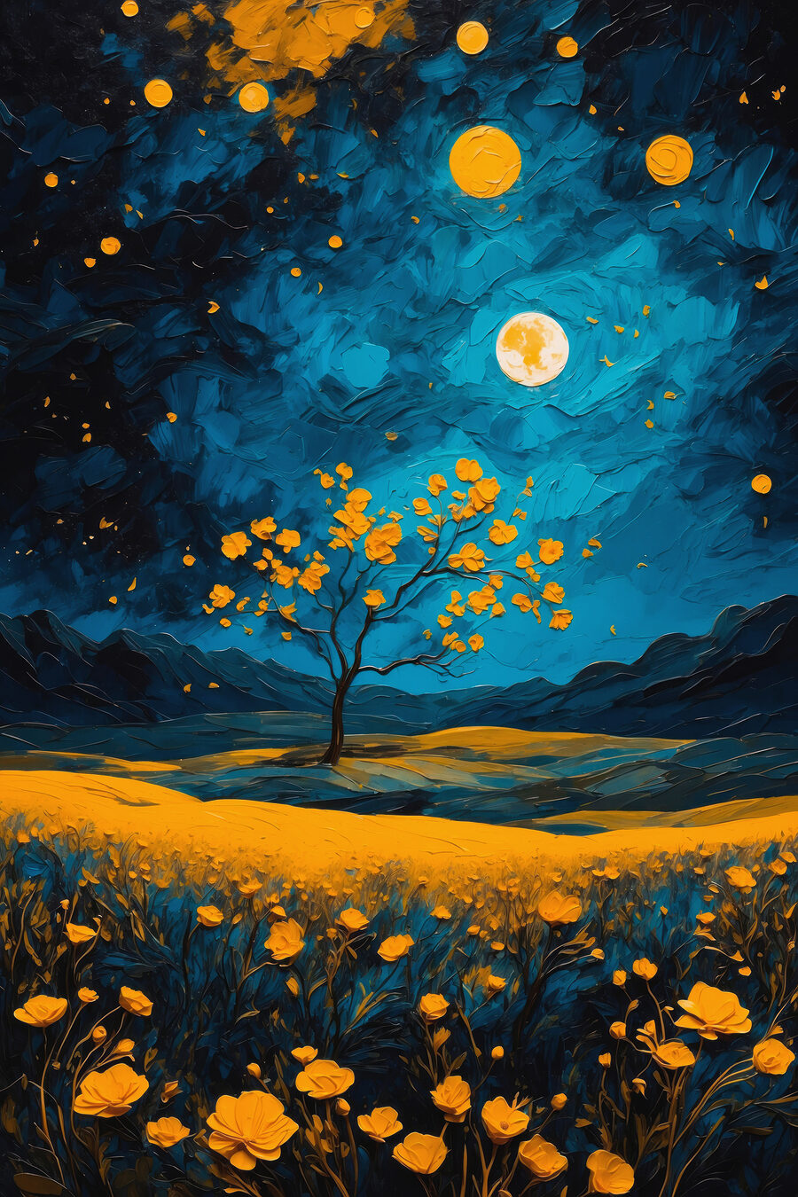 Schilderij van een boom in een bloemenveld