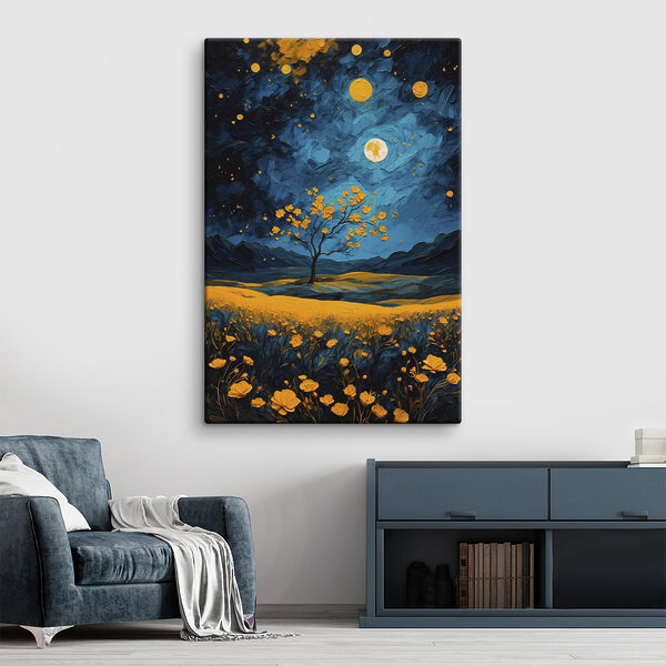 Schilderij van een boom in een bloemenveld Schilderij van een boom in een bloemenveld
