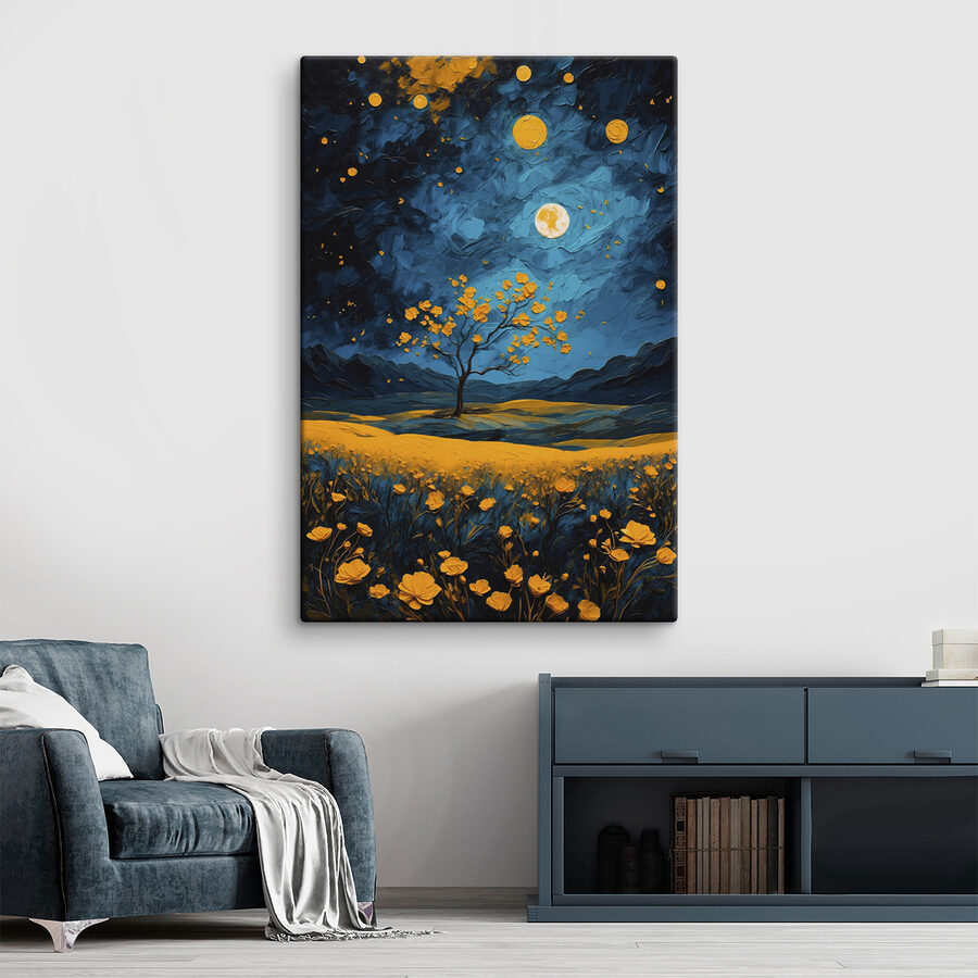 Schilderij van een boom in een bloemenveld