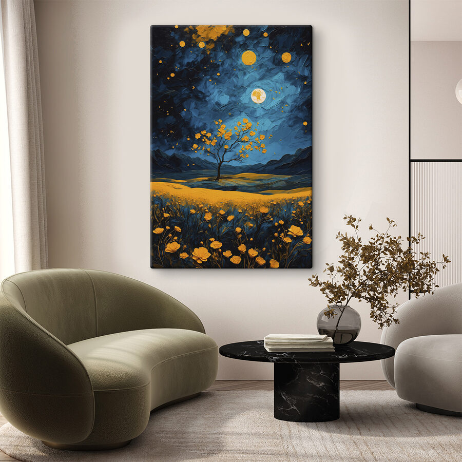Schilderij van een boom in een bloemenveld