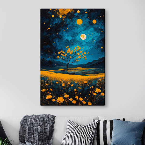 Schilderij van een boom in een bloemenveld Schilderij van een boom in een bloemenveld