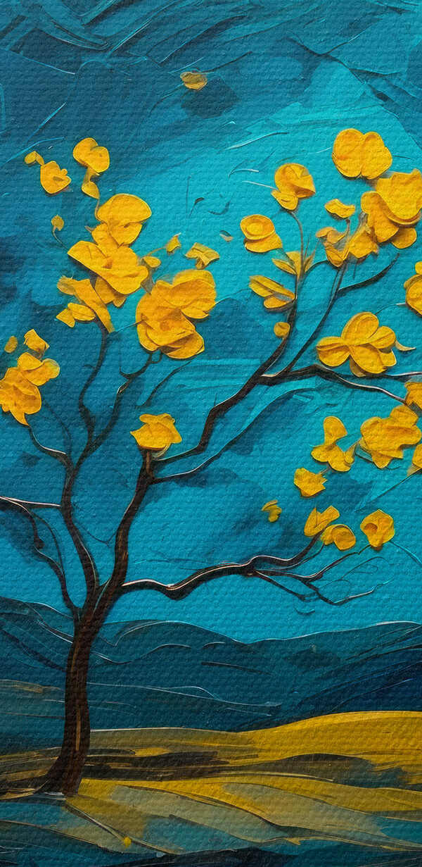 Schilderij van een boom in een bloemenveld Schilderij van een boom in een bloemenveld