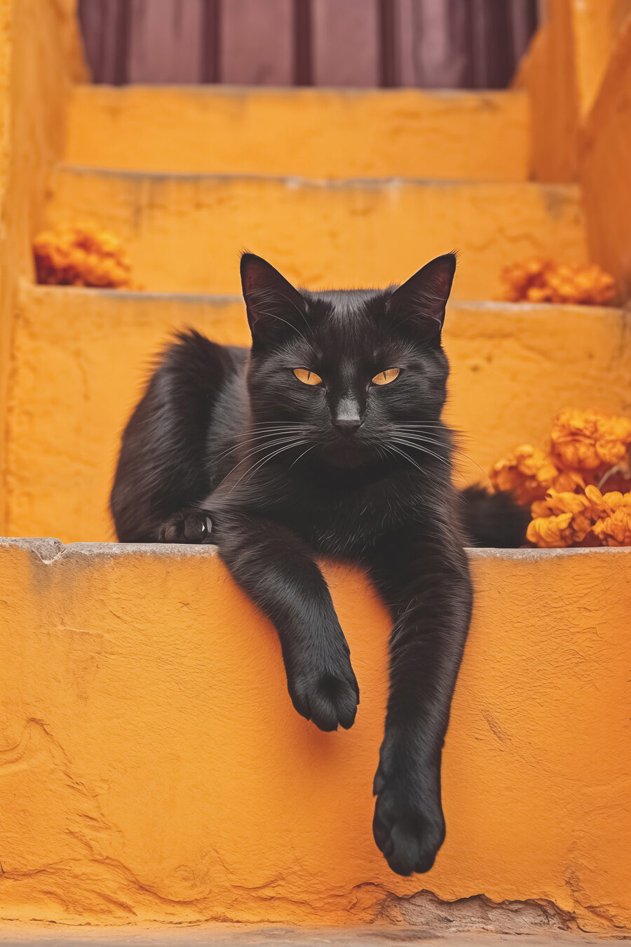 Zwarte kat liggend op een trap