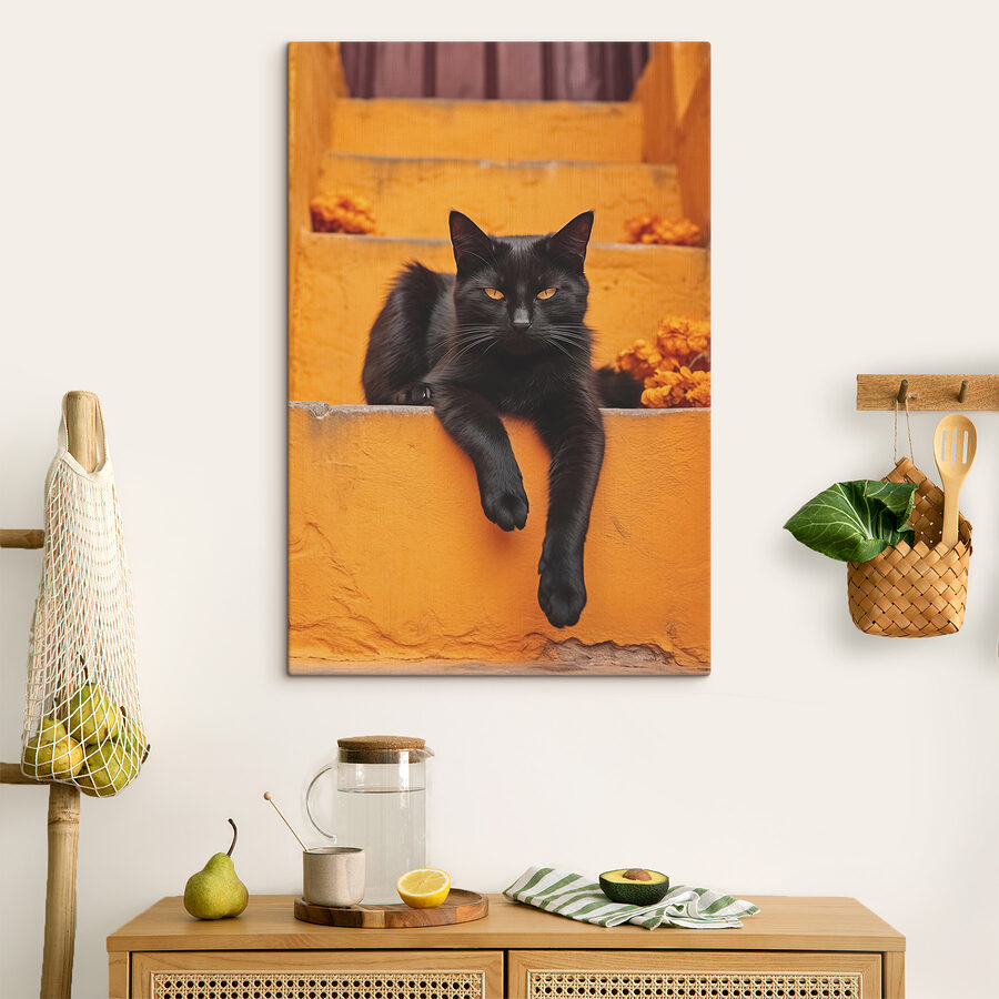 Zwarte kat liggend op een trap