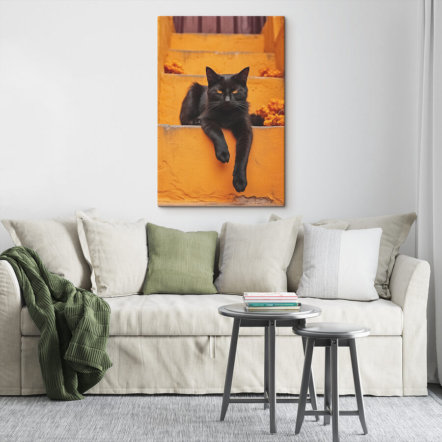 Zwarte kat liggend op een trap