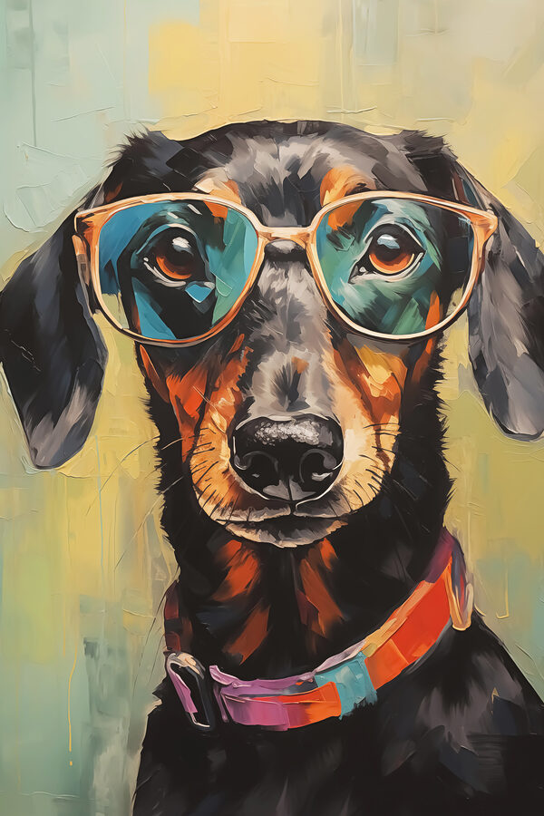 Schilderij van een hond met bril Schilderij van een hond met bril