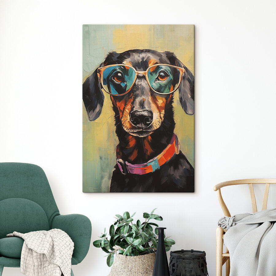 Schilderij van een hond met bril Schilderij van een hond met bril