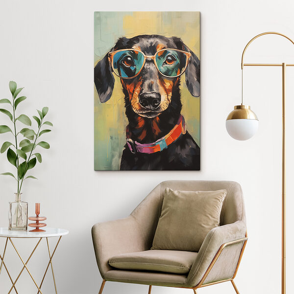 Schilderij van een hond met bril Schilderij van een hond met bril