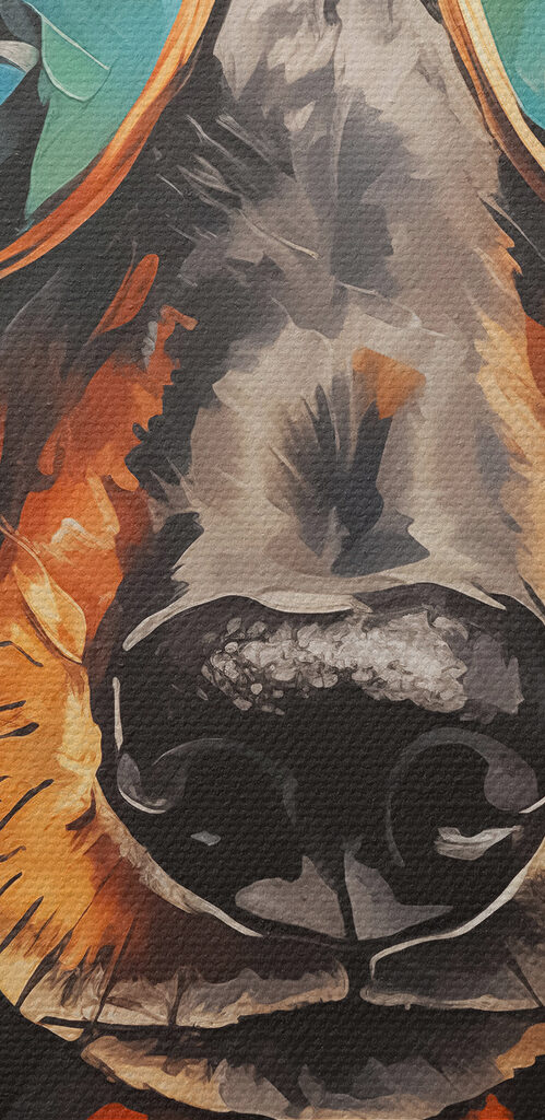 Painting of a dog wearing glasses