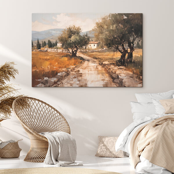 Schilderij van een weg met bomen en een huis op de achtergrond Schilderij van een weg met bomen en een huis op de achtergrond