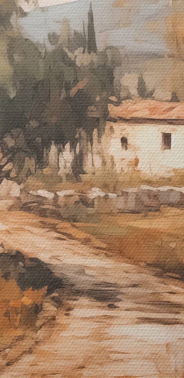 Schilderij van een weg met bomen en een huis op de achtergrond Schilderij van een weg met bomen en een huis op de achtergrond