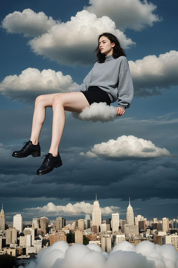 Vrouw zittend op een wolk in de lucht Vrouw zittend op een wolk in de lucht