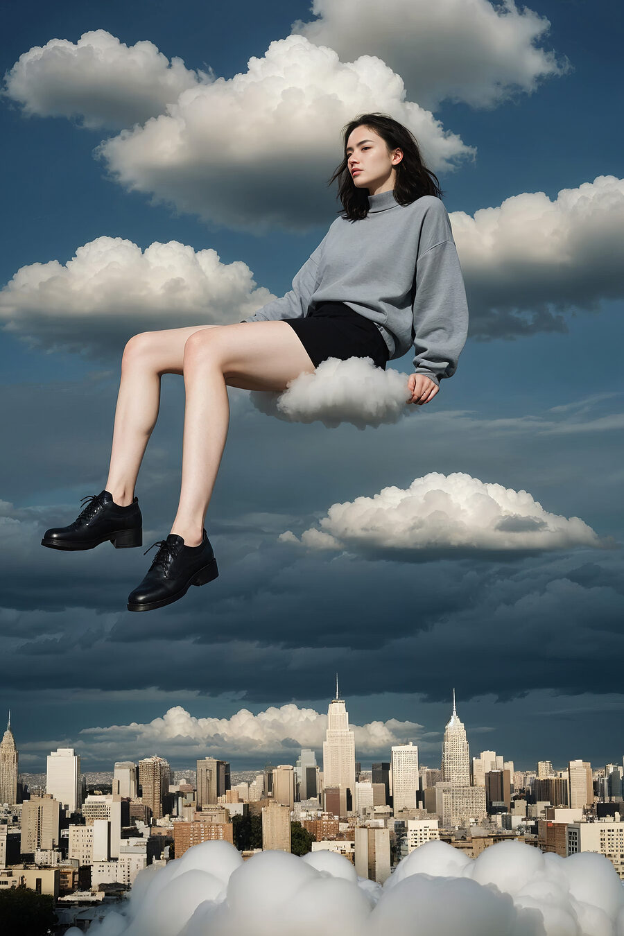 Vrouw zittend op een wolk in de lucht Vrouw zittend op een wolk in de lucht