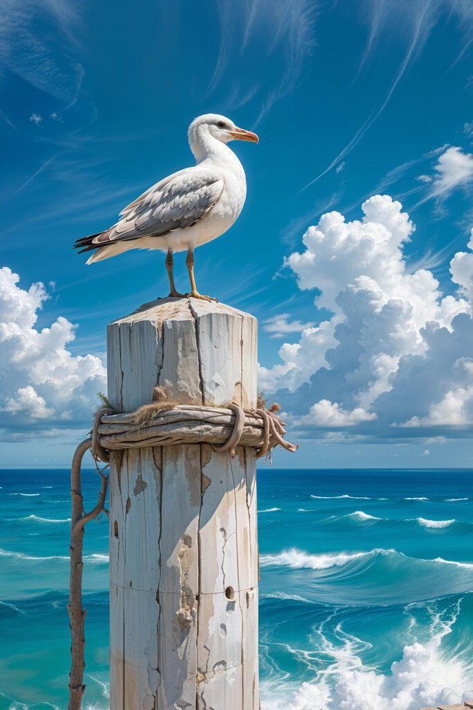Seagull standing on a wooden post