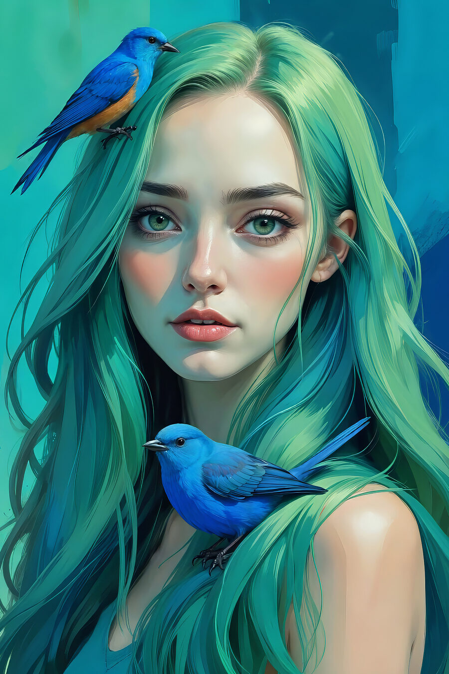 Canvas Schilderijen Vrouw met groen haar en een blauwe vogel - Afbeelding 8