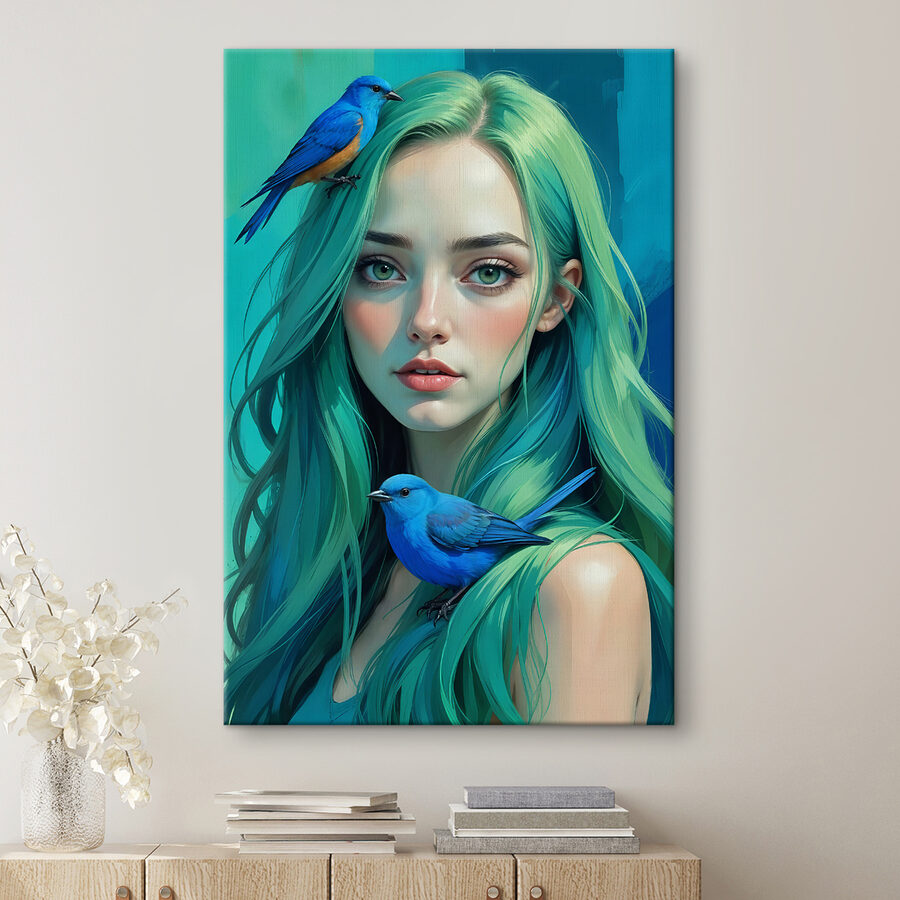Canvas Schilderijen Vrouw met groen haar en een blauwe vogel