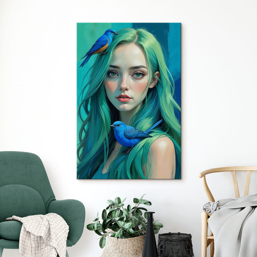 Canvas Schilderijen Vrouw met groen haar en een blauwe vogel - Afbeelding 2