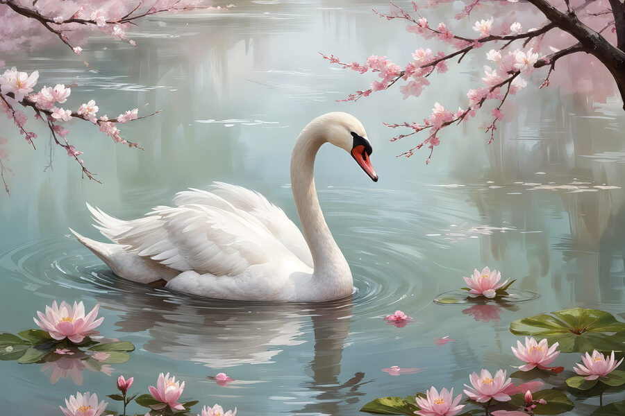 Witte zwaan in water met roze bloemen
