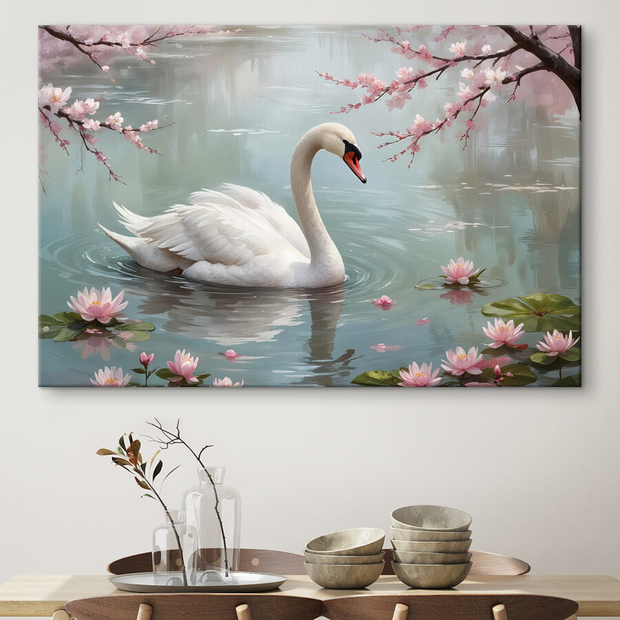 Witte zwaan in water met roze bloemen