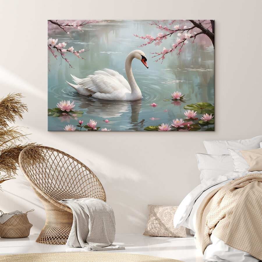 Witte zwaan in water met roze bloemen