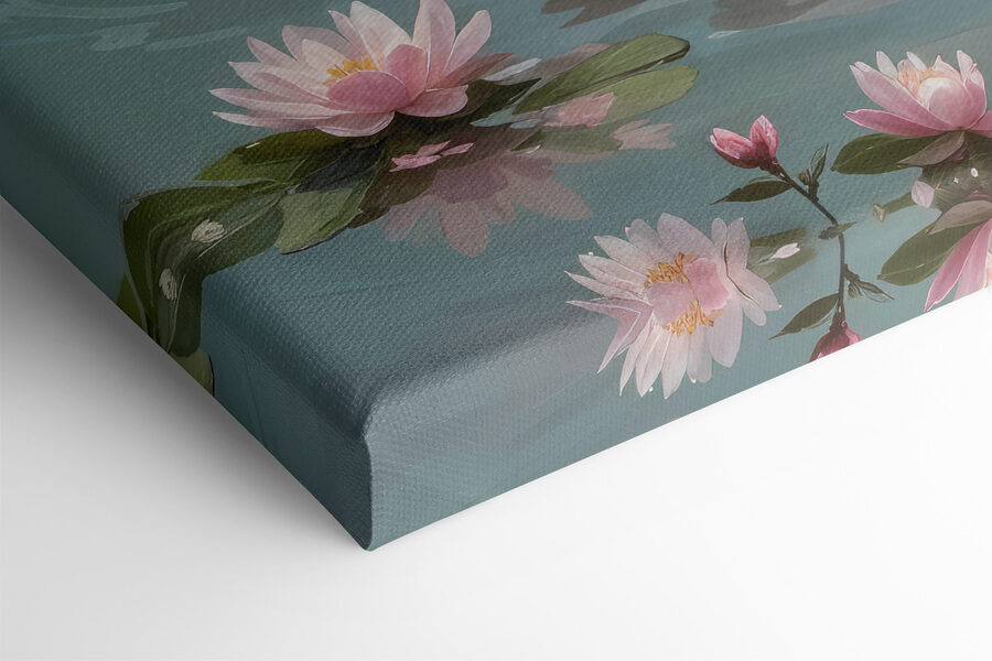 Witte zwaan in water met roze bloemen