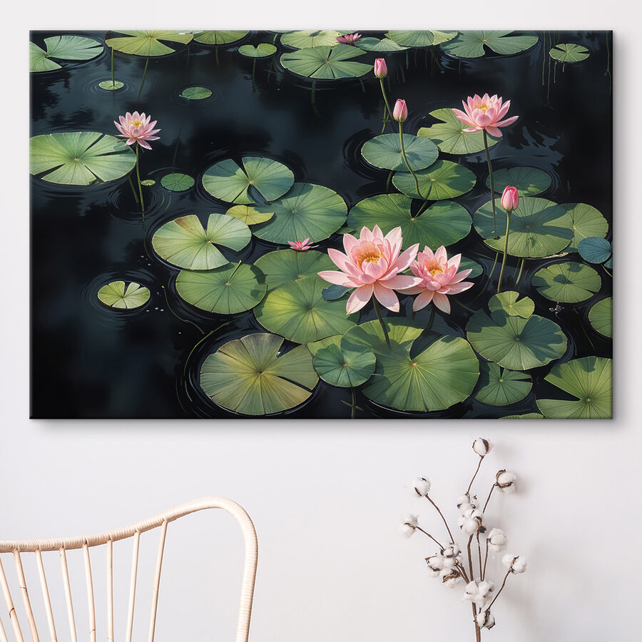 Groep roze bloemen en groene bladeren in een vijver