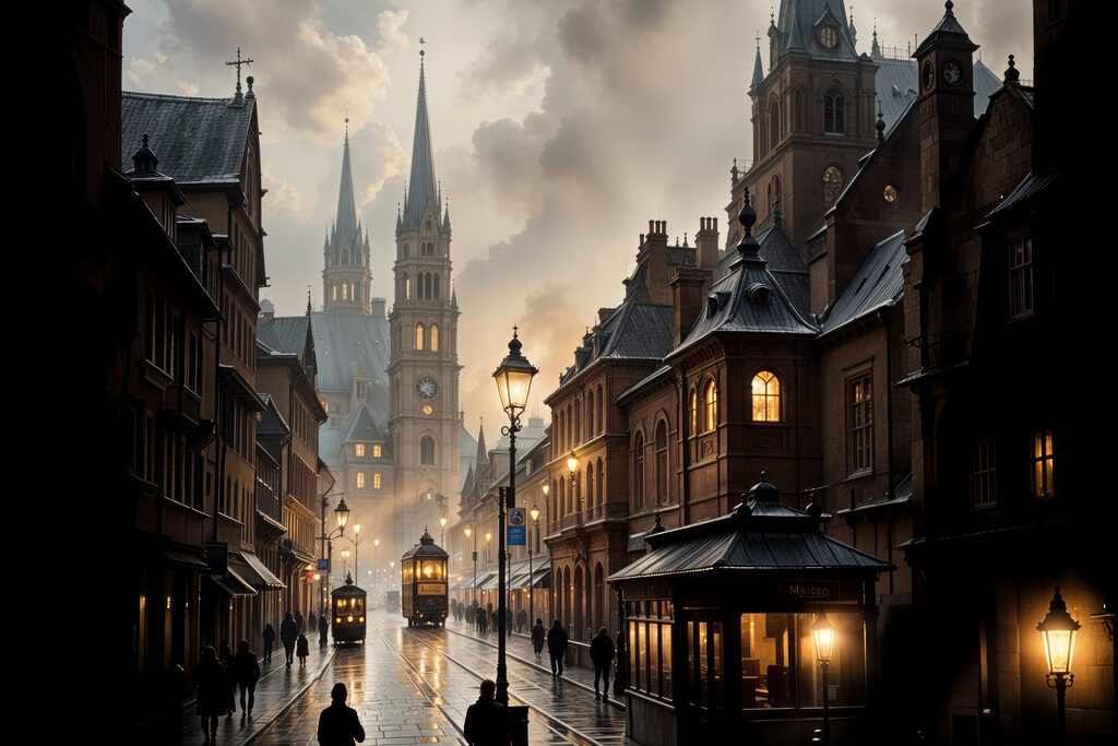 Street with buildings and a train on it