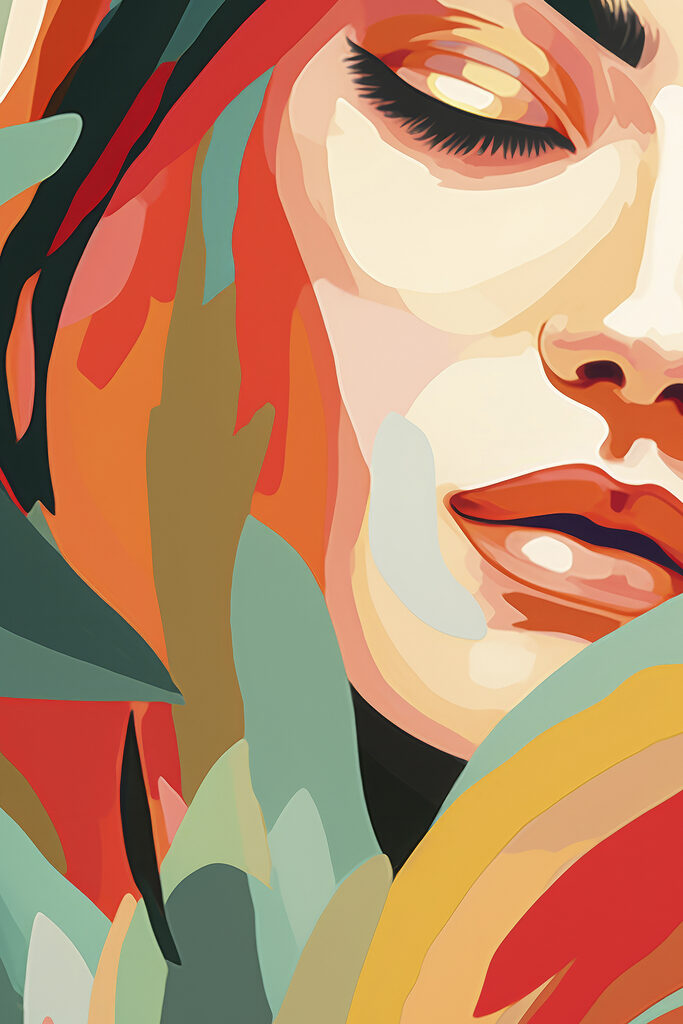 Woman's face with colorful leaves