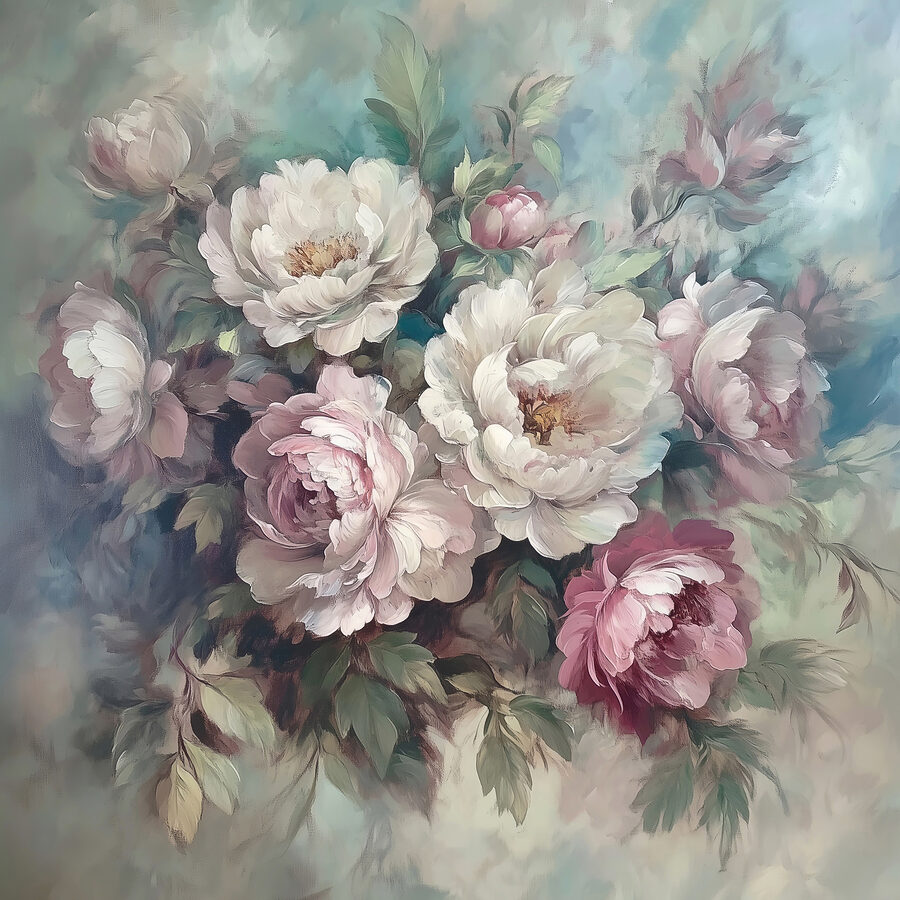 Schilderij van bloemen op een blauwe achtergrond Schilderij van bloemen op een blauwe achtergrond