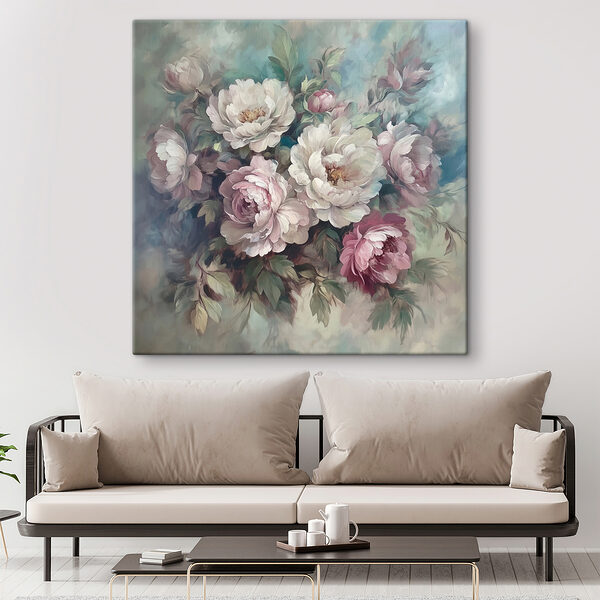 Schilderij van bloemen op een blauwe achtergrond Schilderij van bloemen op een blauwe achtergrond