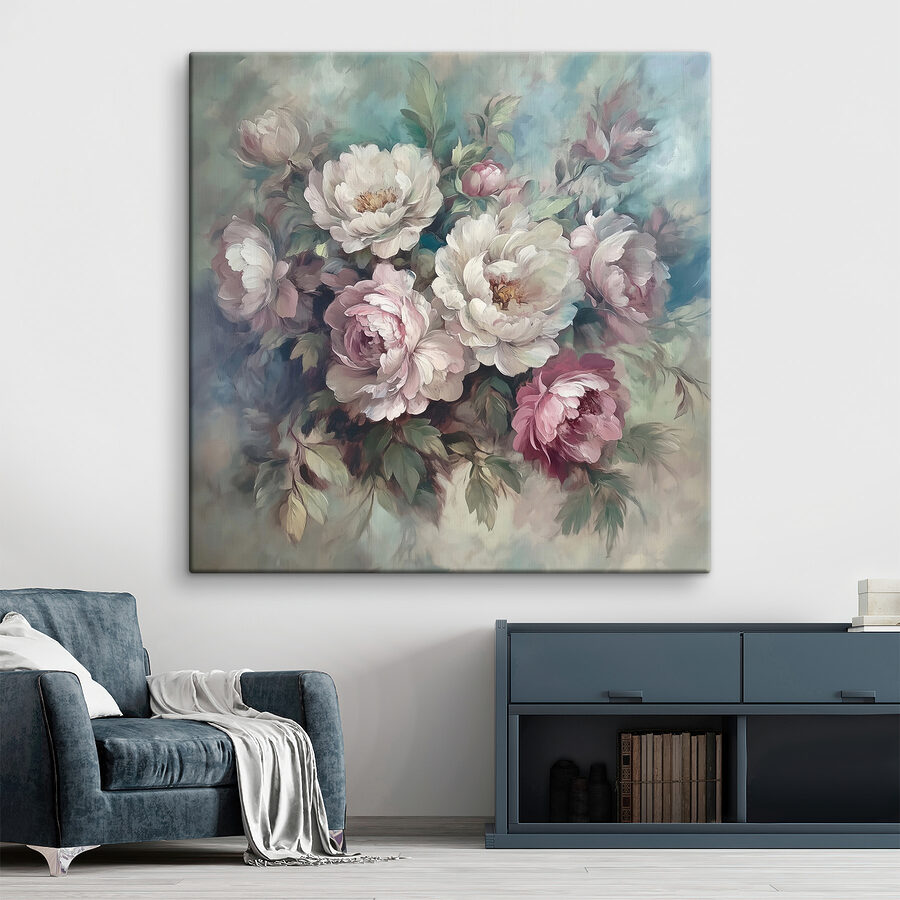 Schilderij van bloemen op een blauwe achtergrond Schilderij van bloemen op een blauwe achtergrond