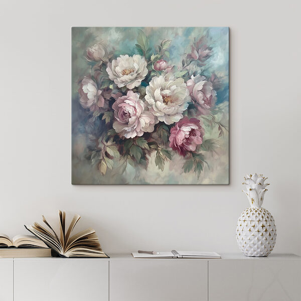 Schilderij van bloemen op een blauwe achtergrond Schilderij van bloemen op een blauwe achtergrond