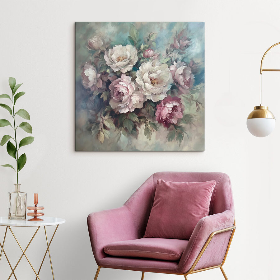 Schilderij van bloemen op een blauwe achtergrond Schilderij van bloemen op een blauwe achtergrond