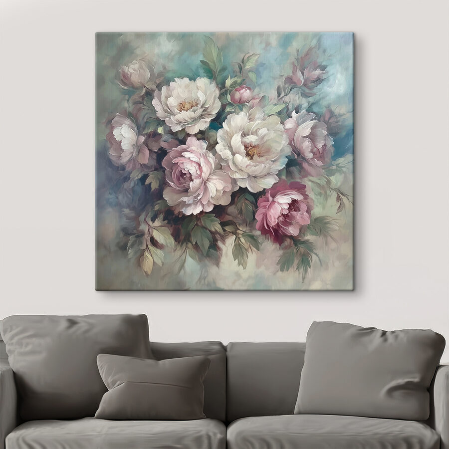 Schilderij van bloemen op een blauwe achtergrond Schilderij van bloemen op een blauwe achtergrond