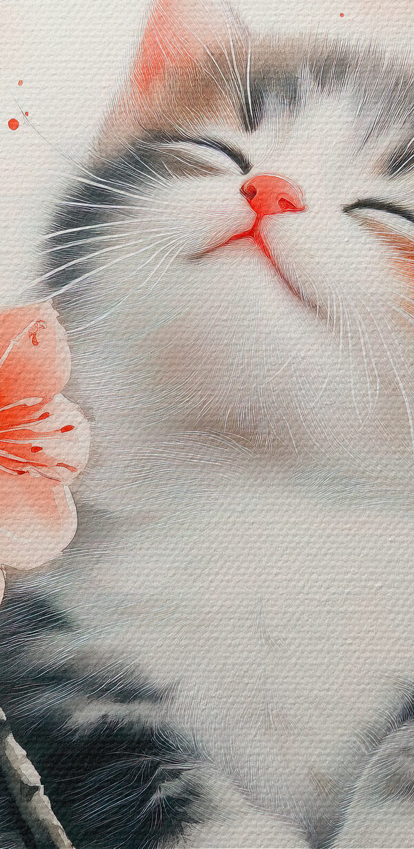 Kat zittend op een boom met bloemen Kat zittend op een boom met bloemen